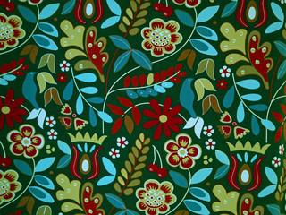 bella stoffa colorata con fiori e foglie e tralci