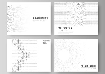 The minimalistic abstract vector illustration layout of the presentation slides design business templates. Trendy modern science or technology background with dynamic particles. Cyberspace grid.