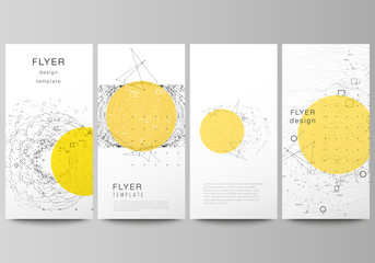 The minimalistic vector illustration of the editable layout of flyer, banner design templates. Science or technology 3d background with dynamic particles. Chemistry and science concept. - obrazy, fototapety, plakaty