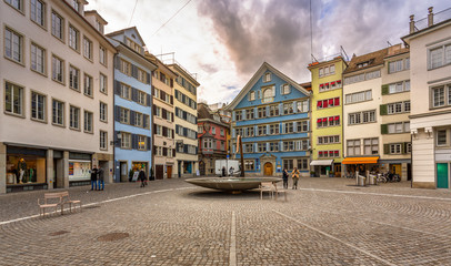 Münsterhof square in Zürich, Switzerland. Exposure of the Münsterhof square in Zürich with its lovely colorful buildings in the old town.