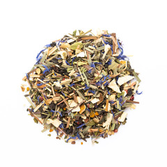 Herbal tea on a white background. Top view.