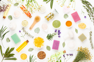 Spa aromatherapy floral background, flat lay.