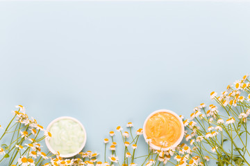 Chamomile aromatherapy theme , handmade cosmetic. space for textessential  and medical flowers herbs