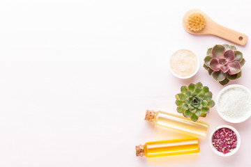 Spa background with handmade bio cosmetic and  cactus composition, flat lay, space for a text - Image.