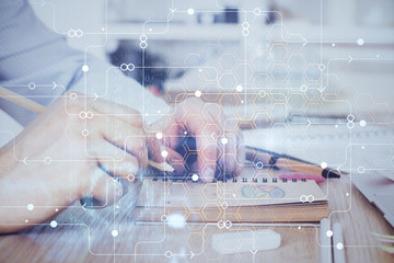 Writing human hands with data theme multi exposure icons.