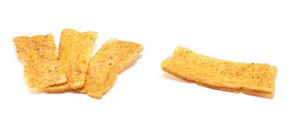 Crisp bread,  Sliced bread spread with butter and sprinkled with sugar and baked isolated on white