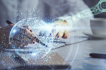 Multi exposure of woman's writing hand on background with data technology hologram. Concept of...