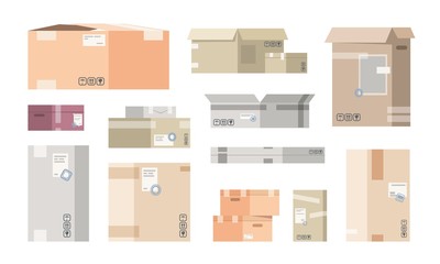 Flat cardboard boxes. Carton warehouse packs, 3D cargo packages, isolated delivery goods. Vector different carton closed and open post boxes set