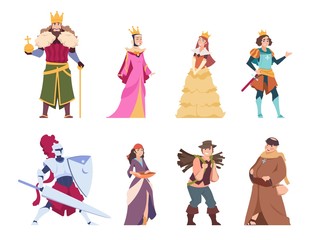 Medieval characters. Flat historical people, king queen prince and princess royal set. Vector cartoon renaissance costume fairytale knights and peasant