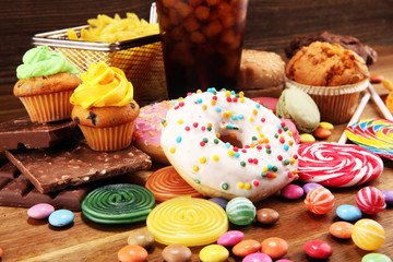 Unhealthy products with sugar. food bad for figure, skin, heart and teeth.
