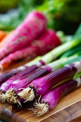Bunches of fresh purple green onions, red long radish and carrots, new harvest of healthy vegetables