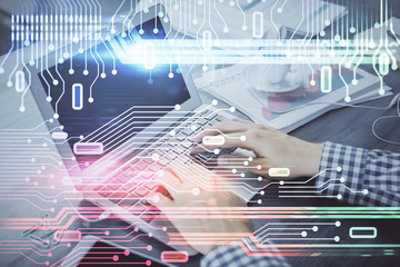 Double exposure of forex chart with man working on computer on background. Concept of market analysis.