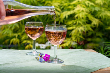 Waiter pouring cold rose wine in glasses in summer sunny day in blossoming garden