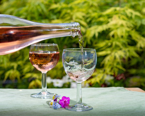Waiter pouring cold rose wine in glasses in summer sunny day in blossoming garden