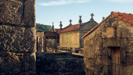 Traditional hórreo on a street in Combarro, Spain