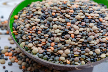 Colorful mix of lentils legumes ready for cooking, tasty vegetarian food commonly used in South Asian cuisine