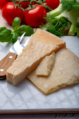 Original italian cheese, aged Parmesan cow milk cheese, pieces of Parmigiano-Reggiano