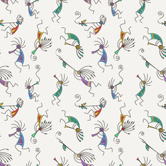Hand drawn Kokopelli seamless pattern. Stylized mythical characters playing flutes.