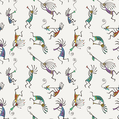 Hand drawn Kokopelli seamless pattern. Stylized mythical characters playing flutes.