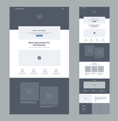 One page website design template for business. Landing page wireframe. Flat modern responsive design. Ux ui website template. Concept mockup layout for development. Best convert page.
