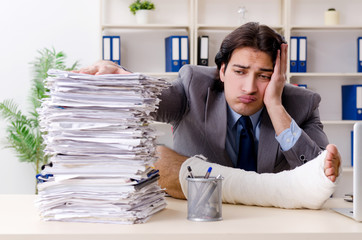 Leg injured employee working in the office 