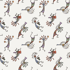 Hand drawn Kokopelli seamless pattern. Stylized mythical characters playing flutes.