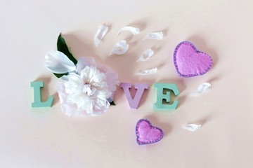 The word love from wooden letters, flower, petals and hearts, top view
