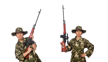 Woman with sniper weapong isolated on white