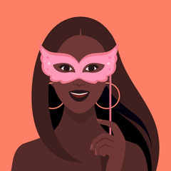 African woman holding carnival mask in her hand. Summer festivals and holidays. Portrait of a happy American girl. Vector flat illustration