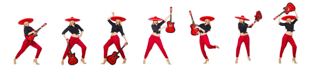 Mexican woman guitarist isolated on white