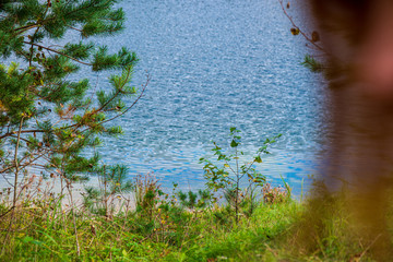 calm countryside lake river with cloud reflections in water and green shores