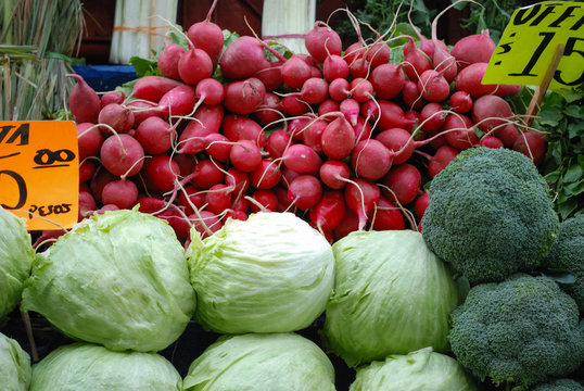 racimo de rabanitos en tianguis de la ciudad de M&eacute;xico
