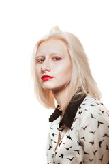 portrait of blonde albino girl in studio