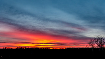 dramatic red sunset colors in the sky above trees and fields