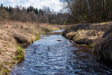calm countryside lake river with cloud reflections in water and green shores