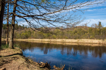 calm countryside lake river with cloud reflections in water and green shores