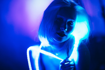 Portrait girl Strip Light tape on dark color background