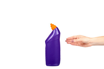 Hand with purple toilet gel, domestic hygiene, plastic bottle.
