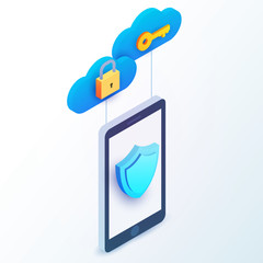 Smartphone with blue shield, key and padlock. Isometric 3d data protection or digital online security concept. Flat vector illustration.