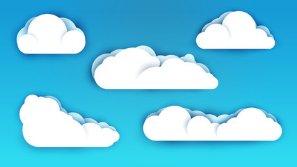 3d vector paper cut white clouds on blue sky. Cartoon art illustration in minimalistic craft carving style. Modern layout colorful concept for background cover, poster, card.