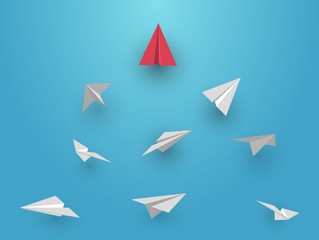 Cartoon paper air plane in sky. Creative minimalistic concept in paper cut 3d style. Colorful modern vector illustration.