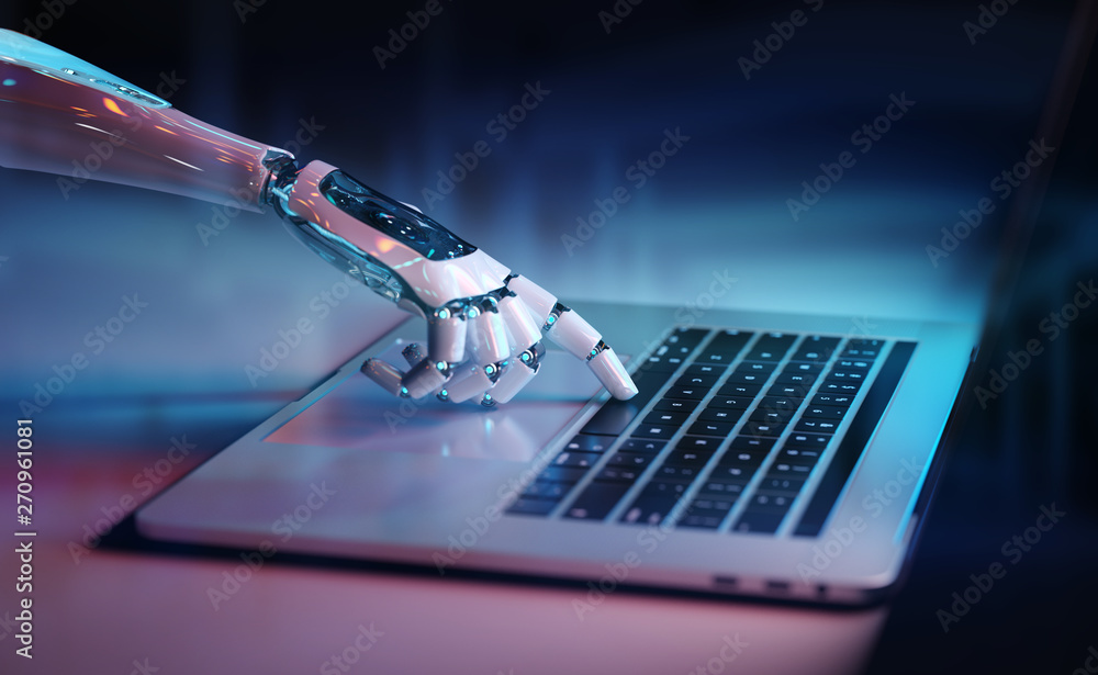Poster robotic hand pressing a keyboard on a laptop 3d rendering