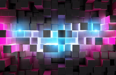 Glowing black blue and pink squares background pattern 3D rendering