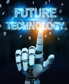 White robot hand using future technology text hologram 3D rendering