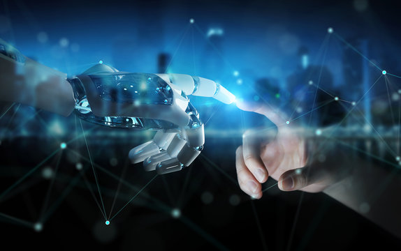 Robot hand making contact with human hand on dark background 3D rendering