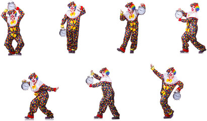 Obraz na płótnie Canvas Funny male clown with alarm-clock 