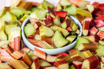 Close up of Pieces of Raw and Freshly Cut Rhubarb, Background Image