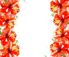 Red hibiscus flower frame. Watercolor painting. Exotic plant. Floral print. Sketch and blurry drawing. Botanical composition. Greeting card. Flower painted background. Hand drawn illustration.