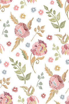 Floral seamless background pattern with mix wild flowers and leaves Line art. Embroidery flowers. Vector illustration. Textile design , © Elena