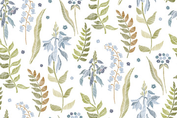 Floral seamless background pattern with mix wild flowers and leaves Line art. Embroidery flowers. Vector illustration.   Textile design ,